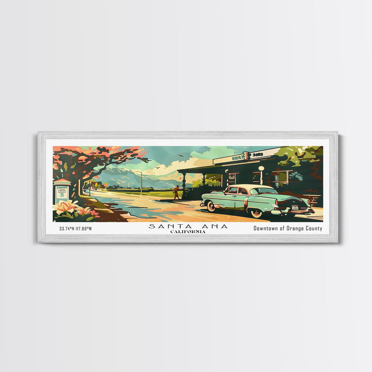 Santa Ana California Panoramic Painting, Mid Century Modern Framed Canvas Print, Retro Pop Art Travel Poster, Living Room and Office Wall Art