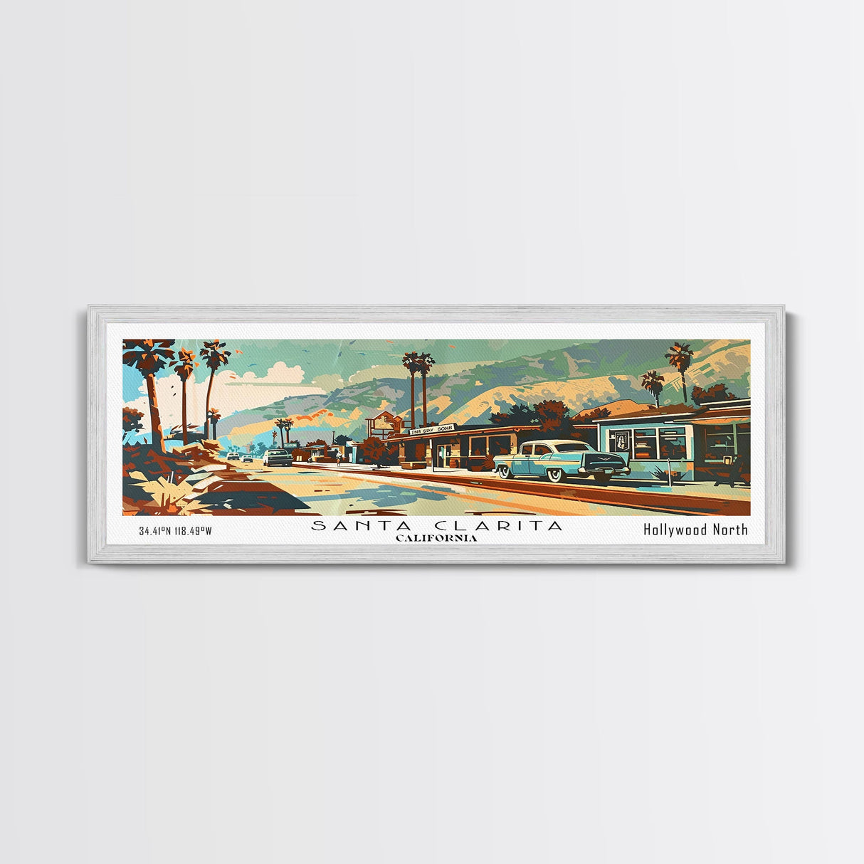 Santa Clarita California Panoramic Wall Art, Mid Century Modern Framed Canvas Print, Retro Pop Art Travel Poster, Living Room and Office Decor