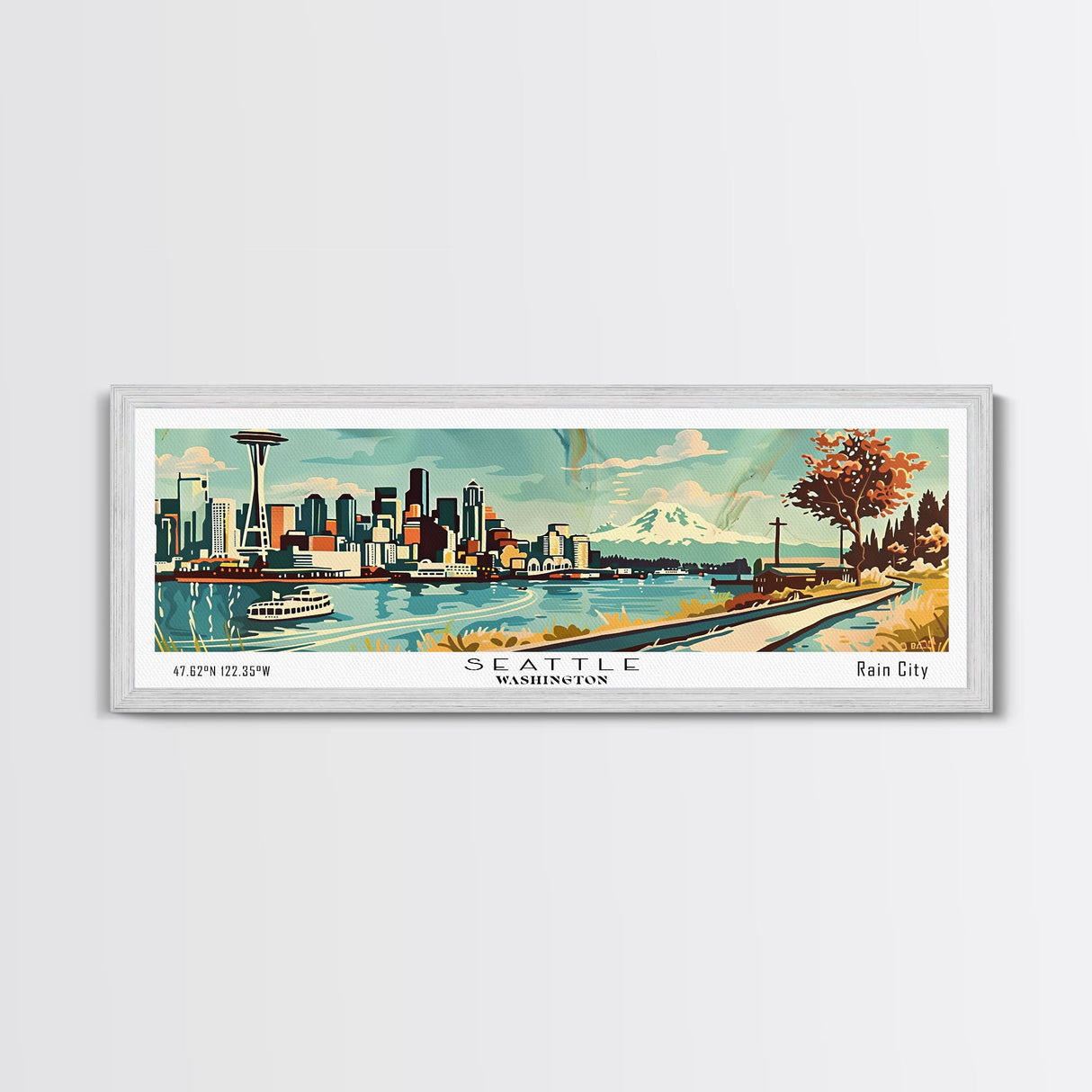 Seattle Washington Panoramic Painting, Mid Century Modern Framed Canvas Print, Retro Pop Art Travel Poster, Living Room Wall Art Decor