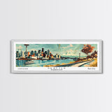 Seattle Washington Panoramic Painting, Mid Century Modern Framed Canvas Print, Retro Pop Art Travel Poster, Living Room Wall Art Decor