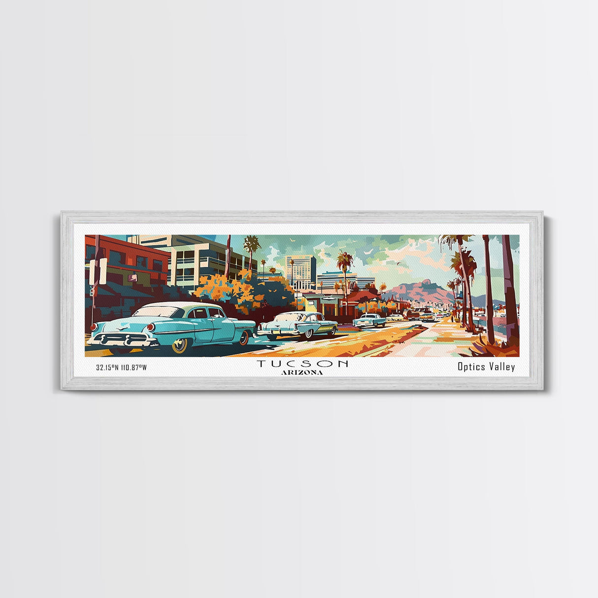 Tucson Arizona Panoramic Painting, Mid Century Modern Framed Canvas Print, Retro Pop Art Travel Poster, Living Room Wall Art and Office Decor