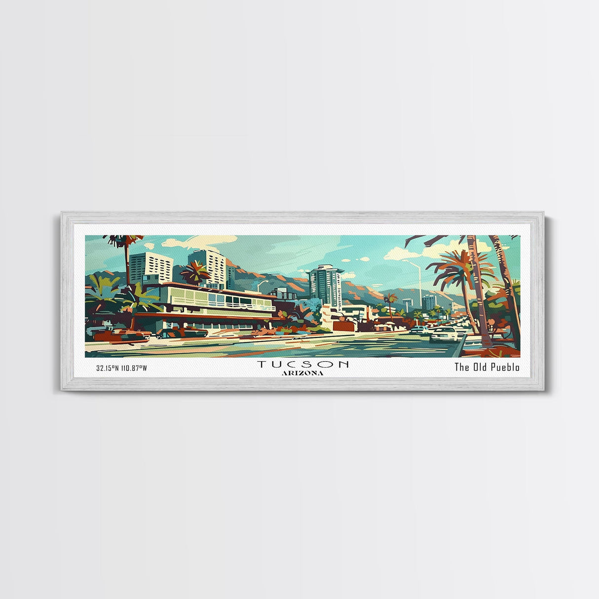 Tucson Arizona Panoramic Wall Art, Mid Century Modern Framed Canvas Print, Retro Pop Art Travel Poster, Living Room and Office Decor