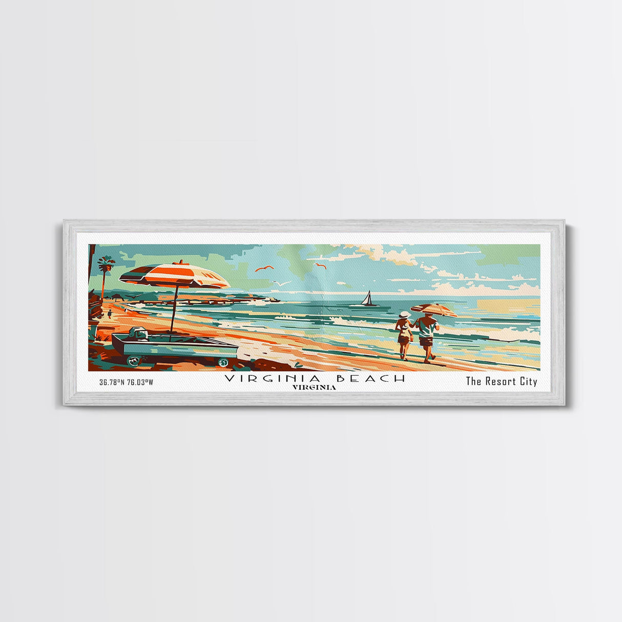 Virginia Beach Virginia Panoramic Wall Art, Mid Century Modern Framed Canvas Print, Retro Pop Art Travel Poster, Living Room and Office Decor