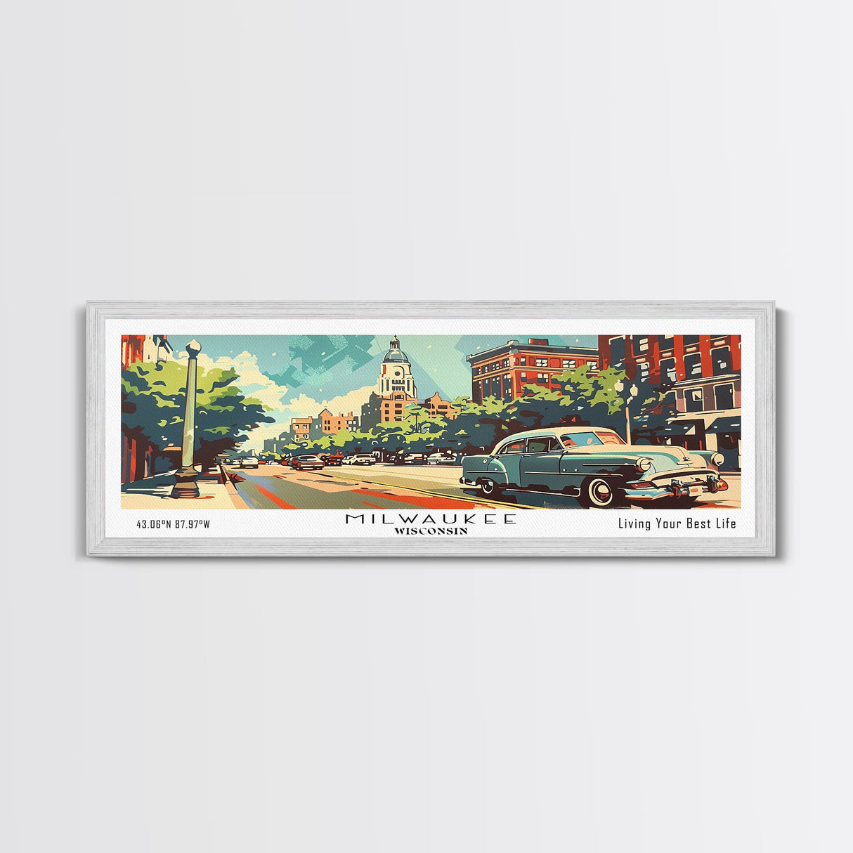 Milwaukee Wisconsin Panoramic Wall Art, Mid Century Modern Framed Canvas Print, Retro Pop Art Travel Poster, Living Room and Office Decor