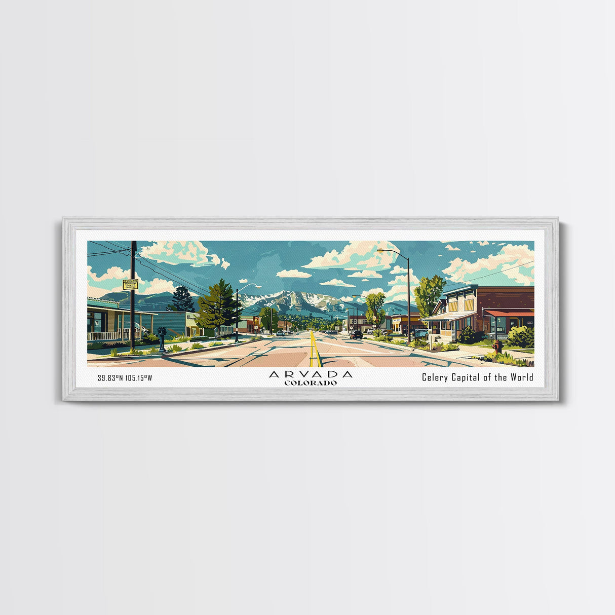 Arvada Colorado Panoramic Painting, Mid Century Modern Framed Canvas Print, Retro Pop Art Travel Poster, Living Room Wall Art, City Print