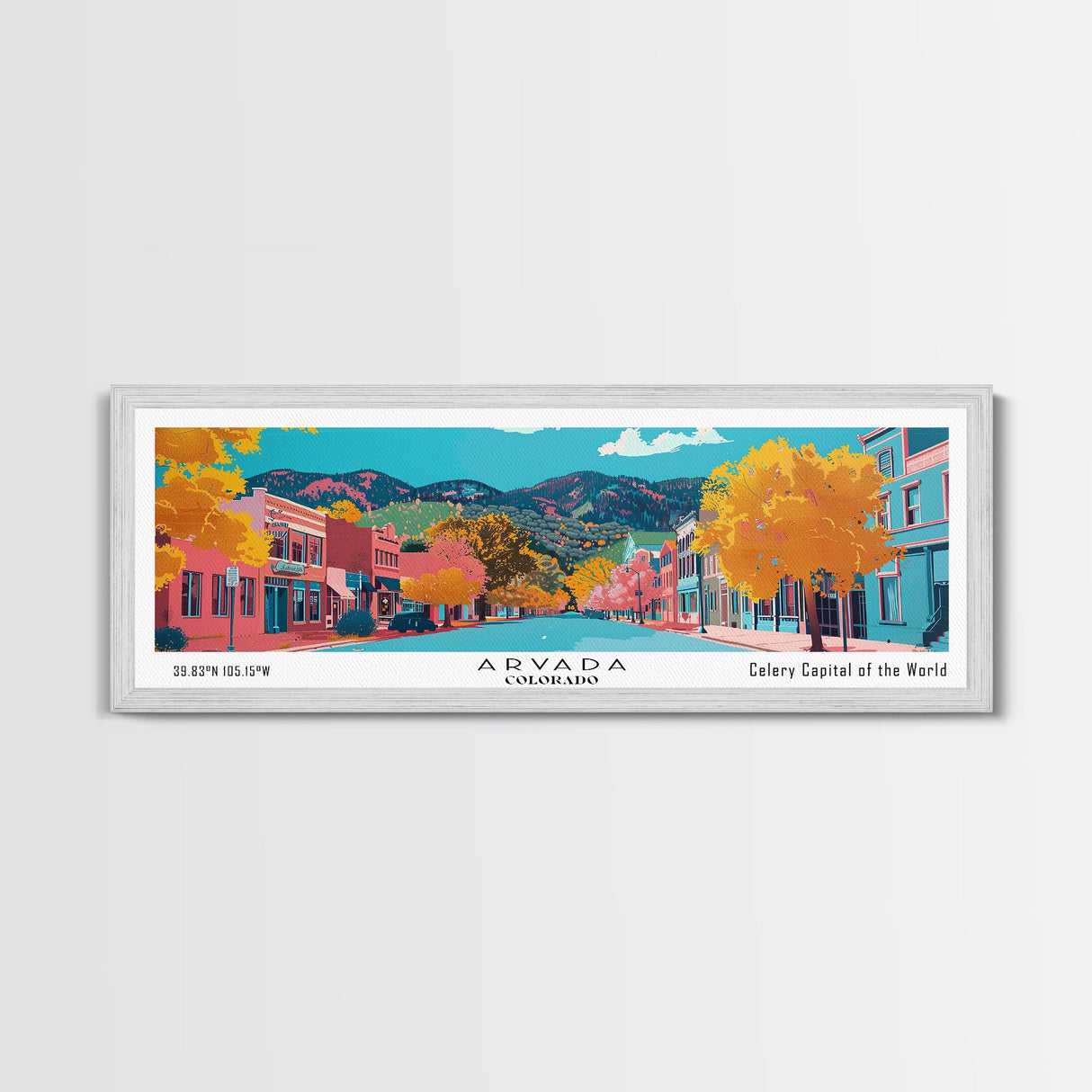 Arvada Colorado Panoramic Painting, Mid Century Modern Framed Canvas Print, Retro Pop Art Travel Poster, Living Room Wall Art, City Print