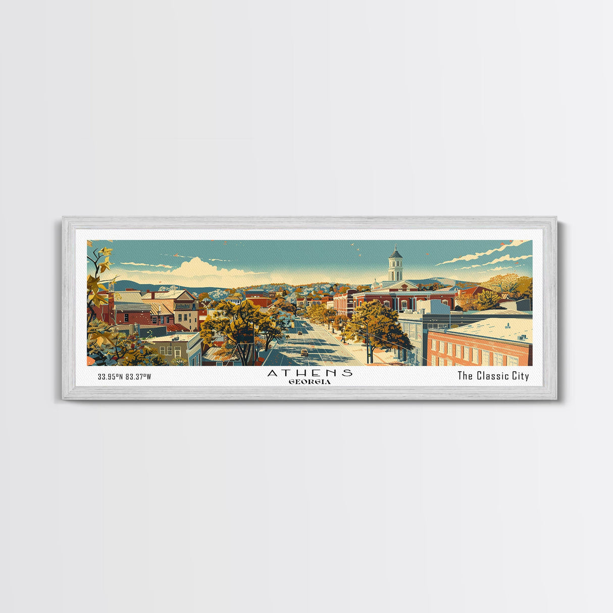 Athens Georgia Panoramic Painting, Mid Century Modern Framed Canvas Print, Retro Pop Art Travel Poster, Living Room Wall Art Decor, City Print