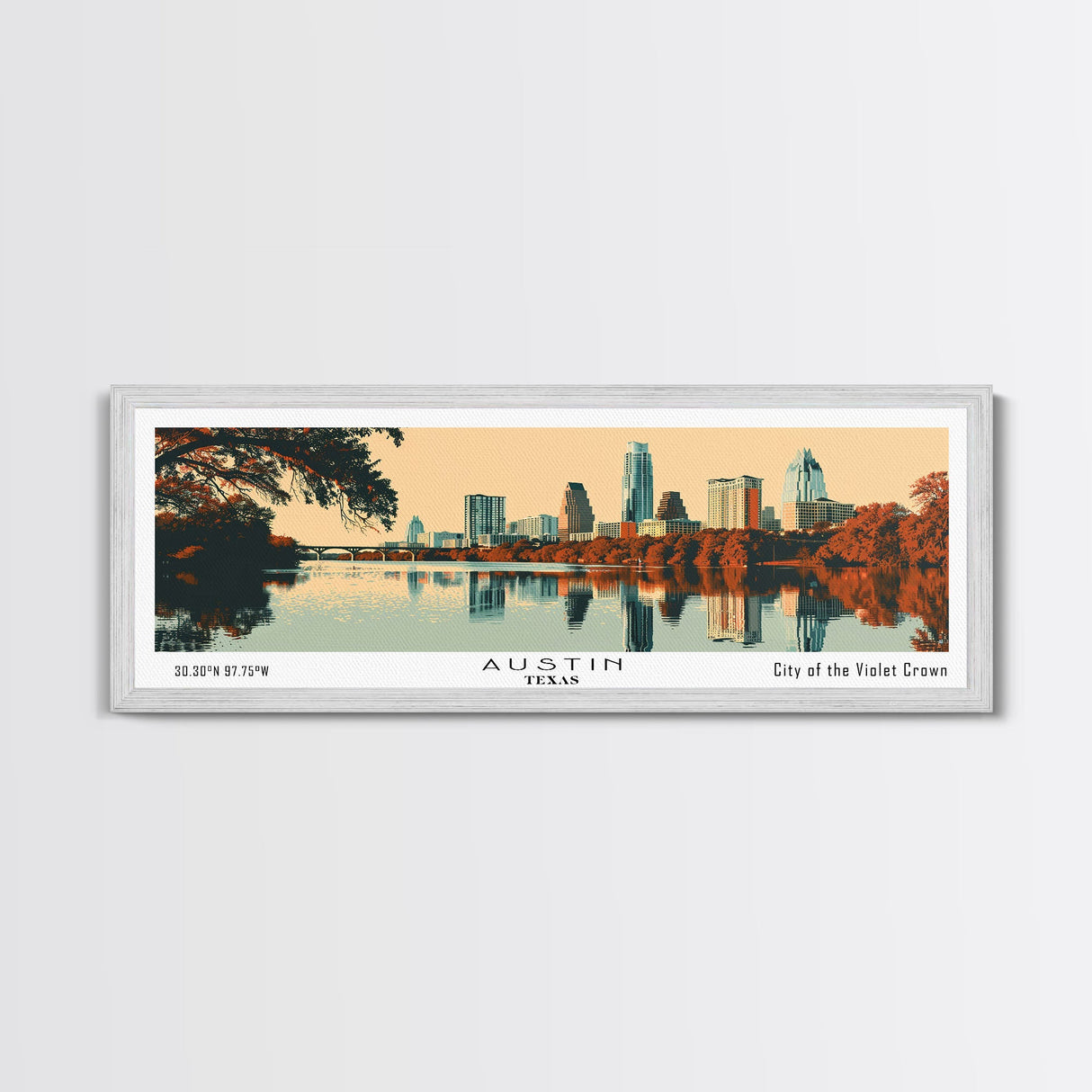 Austin Texas Panoramic Painting, Mid Century Modern Framed Canvas Print, Retro Pop Art Travel Poster, Home Decor, City Art