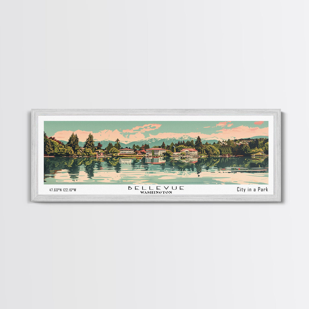 Bellevue Washington Panoramic Painting, Mid Century Modern Framed Canvas Print, Retro Pop Art Travel Poster, Office Wall Art, City Print