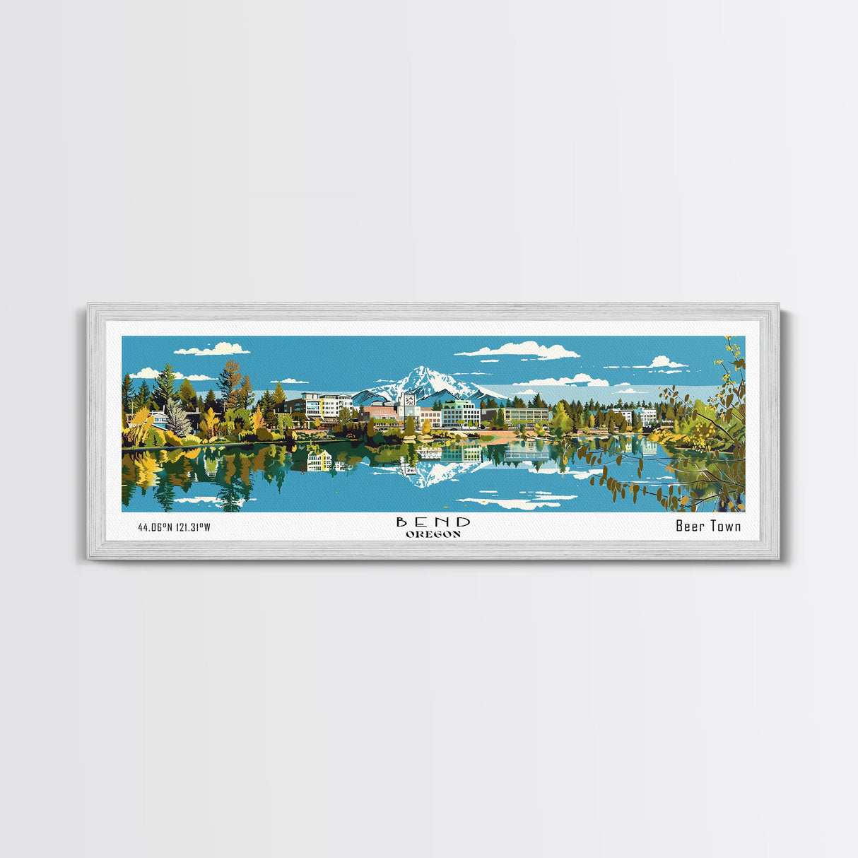 Bend Oregon Panoramic Painting, Mid Century Modern Framed Canvas Print, Retro Pop Art Travel Poster, City Wall Art Decor, Office Art