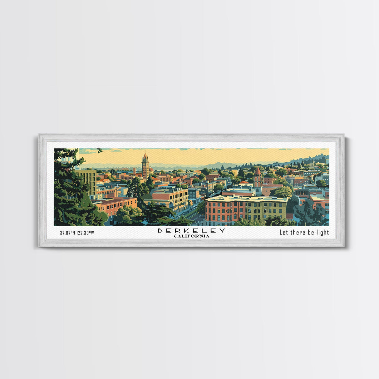 Berkeley California Panoramic Painting, Mid Century Modern Framed Canvas Print, Retro Pop Art Travel Poster, Home Decor, City Print