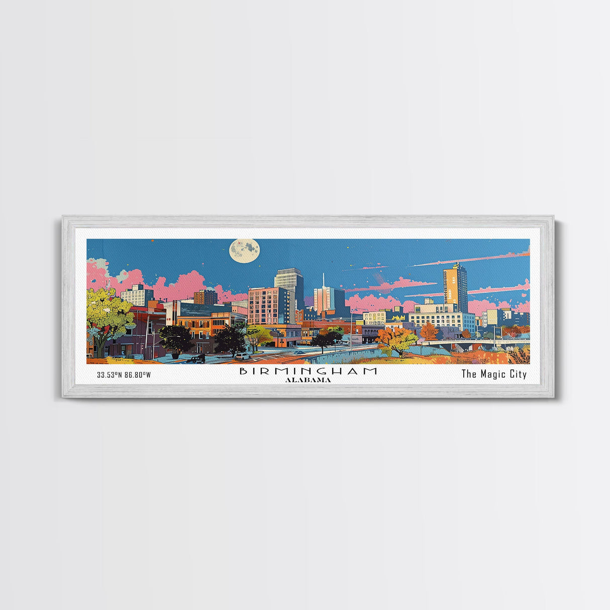 Birmingham Alabama Panoramic Painting, Mid Century Modern Framed Canvas Print, Retro Pop Art Travel Poster, Office Wall Art, City Print