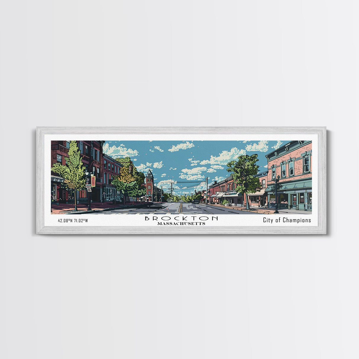 Brockton Massachusetts Panoramic Painting, Mid Century Modern Framed Canvas Print, Retro Pop Art Travel Poster, Home Decor, City Art