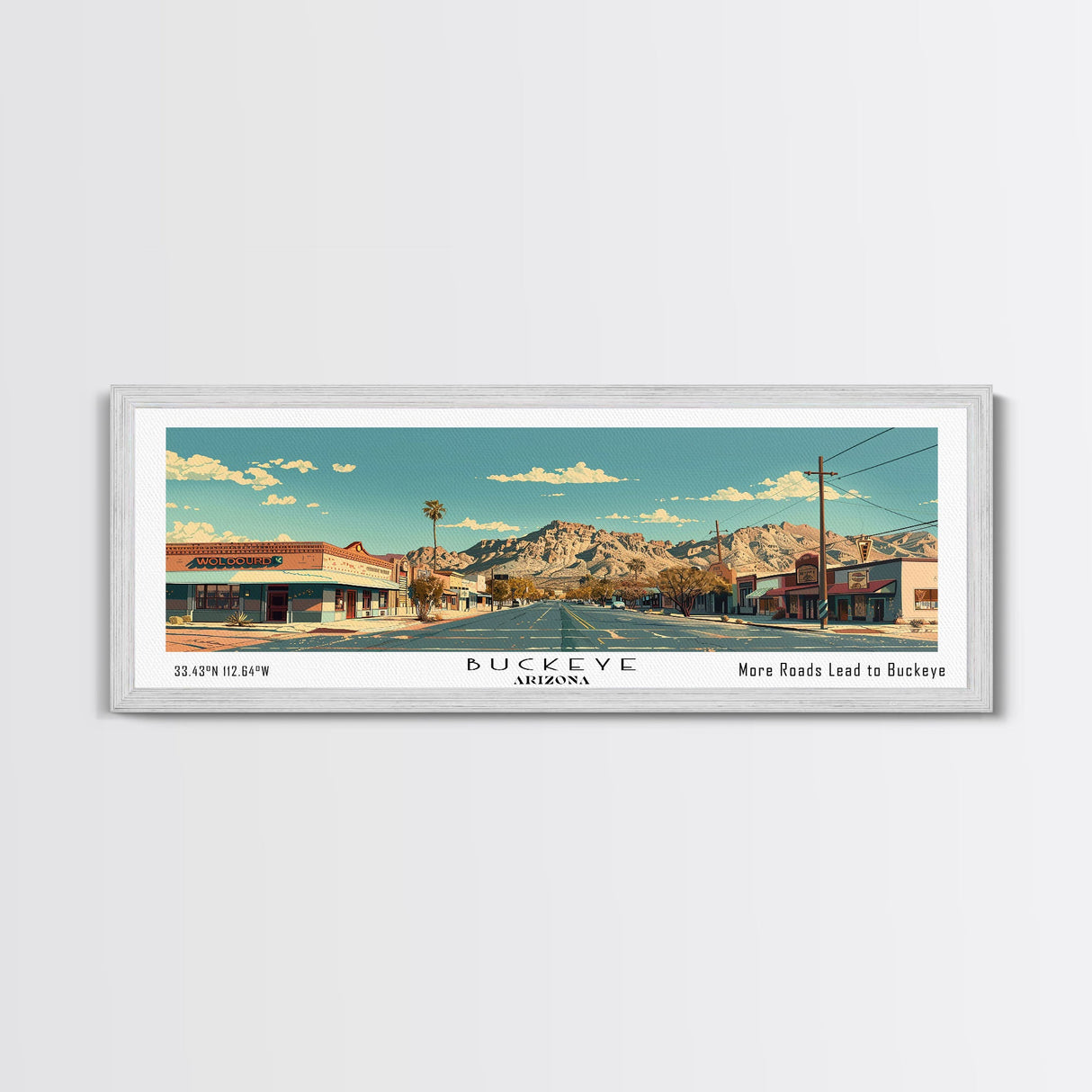 Buckeye Arizona Panoramic Painting, Mid Century Modern Framed Canvas Print, Retro Pop Art Travel Poster, Office Wall Art Decor, City Print