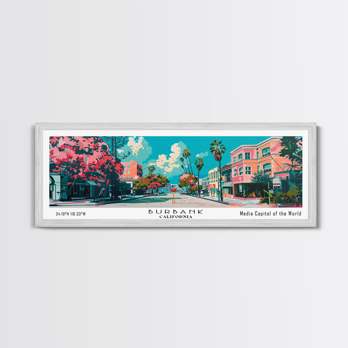 Burbank California Panoramic Painting, Mid Century Modern Framed Canvas Print, Retro Pop Art Travel Poster, Living Room Wall Art, City Art