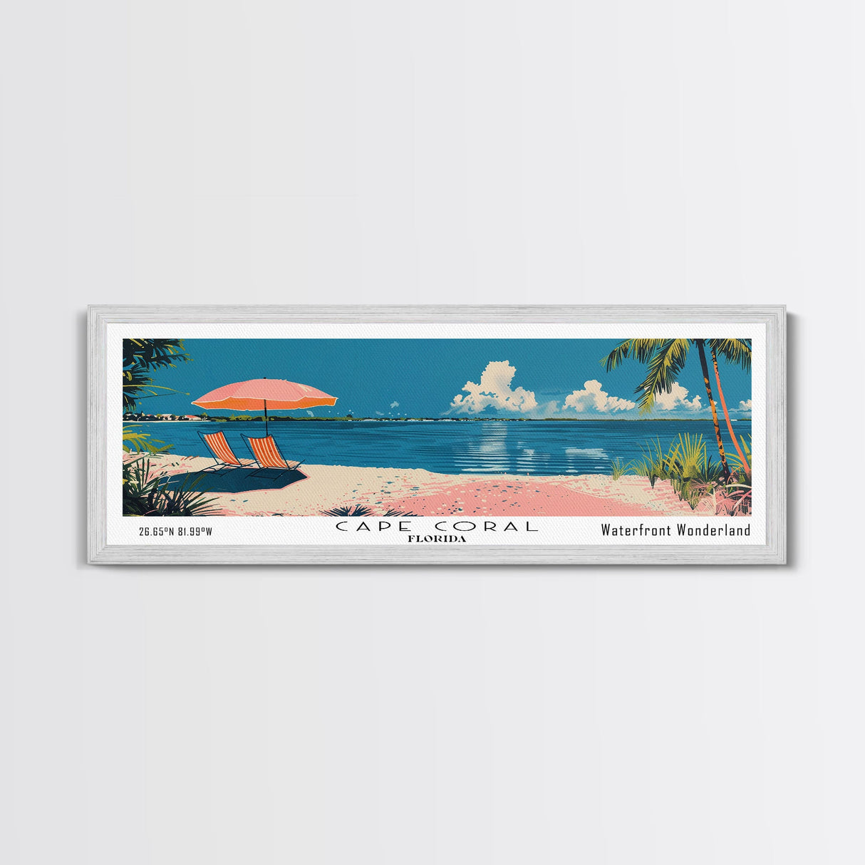 Cape Coral Florida Panoramic Painting, Mid Century Modern Framed Canvas Print, Retro Pop Art Travel Poster, Home Decor, City Print