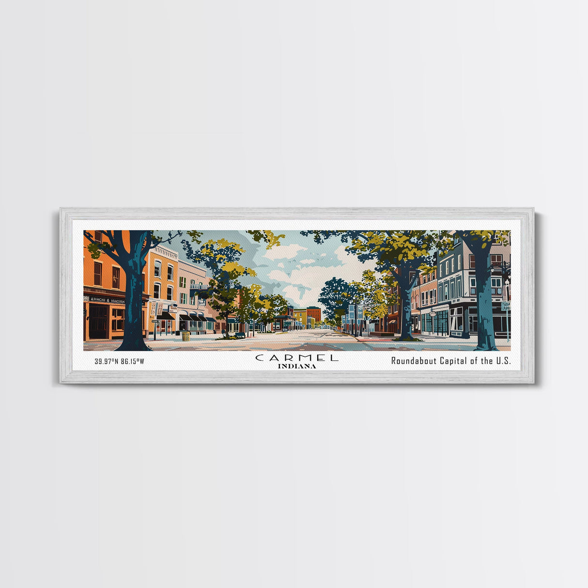 Carmel Indiana Panoramic Painting, Mid Century Modern Framed Canvas Print, Retro Pop Art Travel Poster, Home Decor, City Art