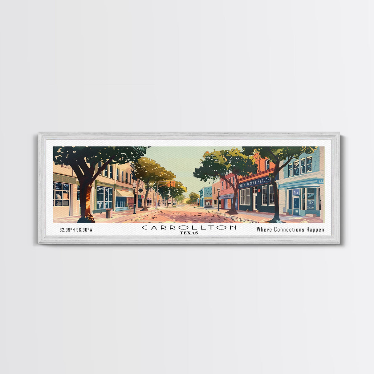 Carrollton Texas Panoramic Painting, Mid Century Modern Framed Canvas Print, Retro Pop Art Travel Poster, Office Wall Art, City Print