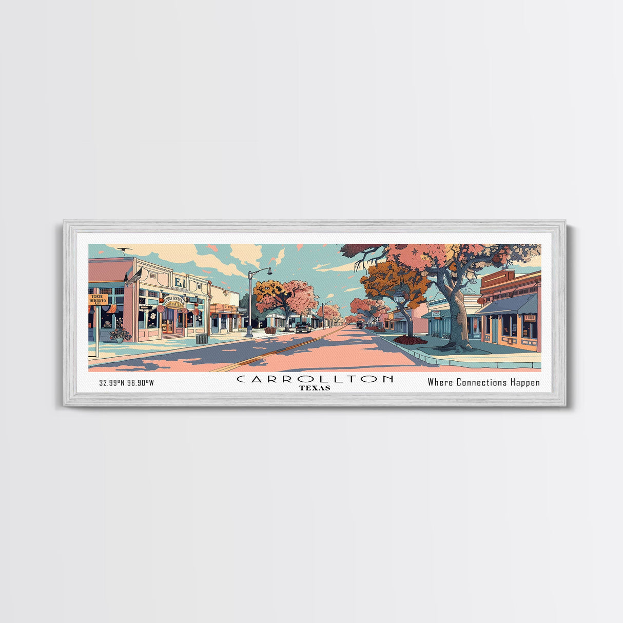 Carrollton Texas Panoramic Painting, Mid Century Modern Framed Canvas Print, Retro Pop Art Travel Poster, Office Wall Art, City Print