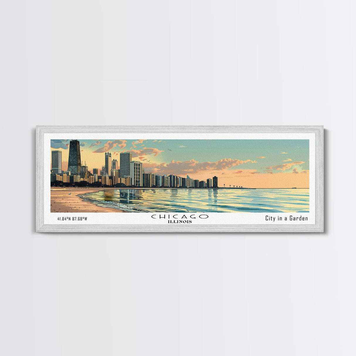 Chicago Florida Panoramic Painting, Mid Century Modern Framed Canvas Print, Retro Pop Art Travel Poster, Living Room Wall Art, City Art