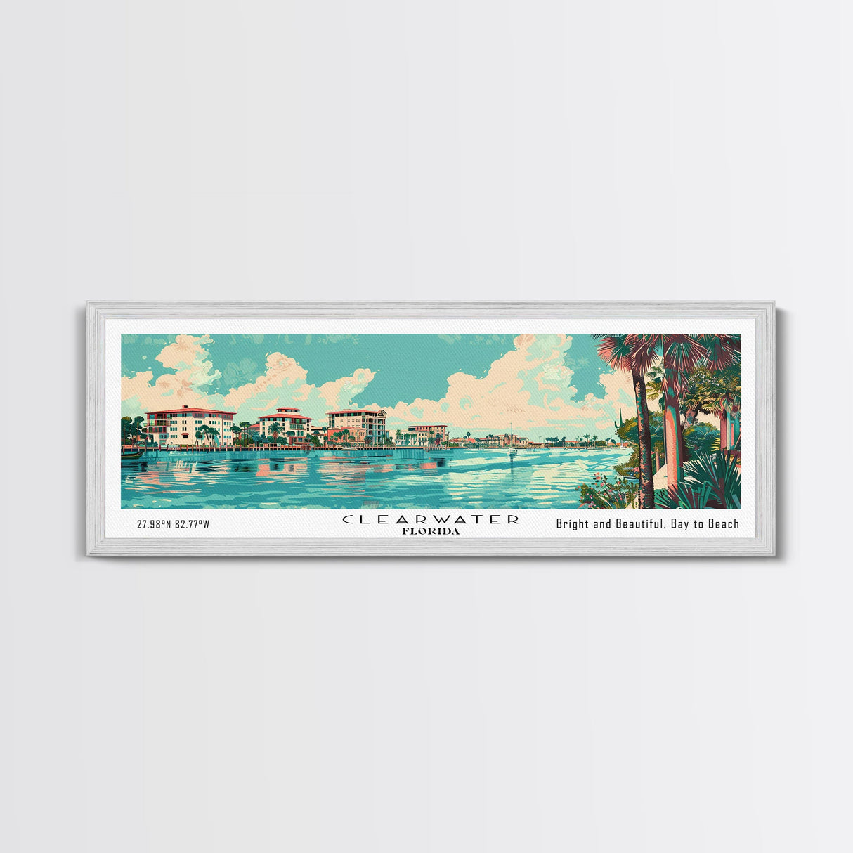 Clearwater Florida Panoramic Painting, Mid Century Modern Framed Canvas Print, Retro Pop Art Travel Poster, Home Decor, City Art