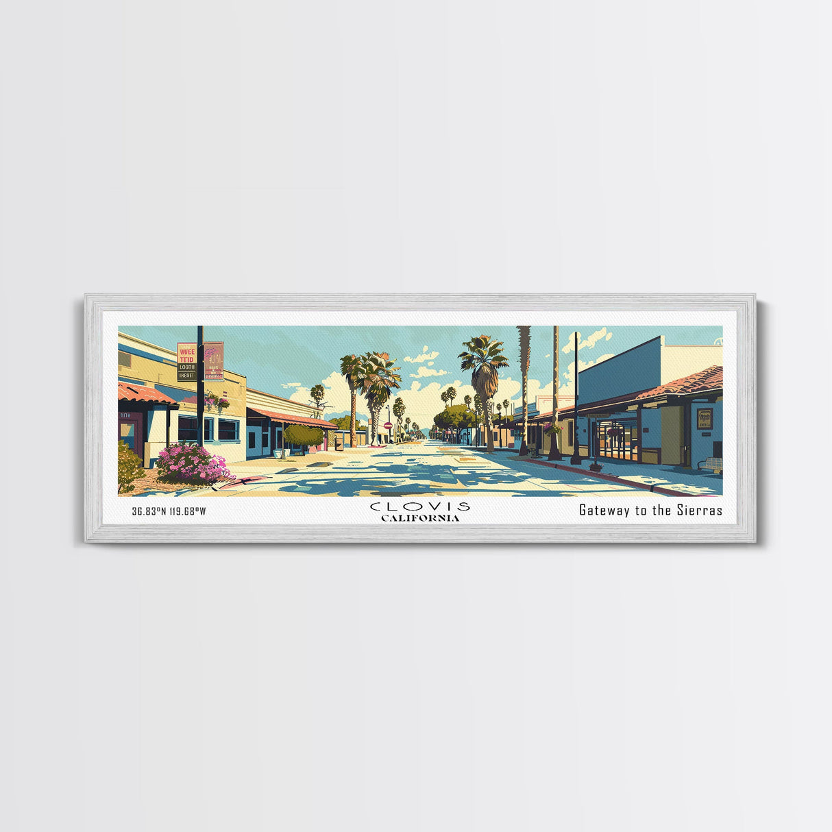 Clovis California Panoramic Wall Art, Mid Century Modern Framed Canvas Print, Retro Pop Art Travel Poster, City Office Decor, Home Art