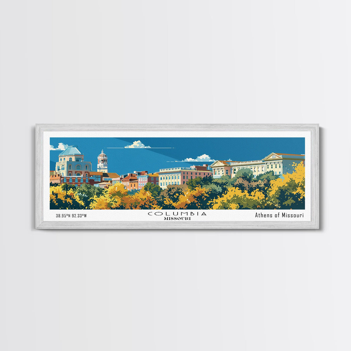 Columbia Missouri Panoramic Wall Art, Mid Century Modern Framed Canvas Print, Retro Pop Art Travel Poster, City Home Decor, Office Wall Art