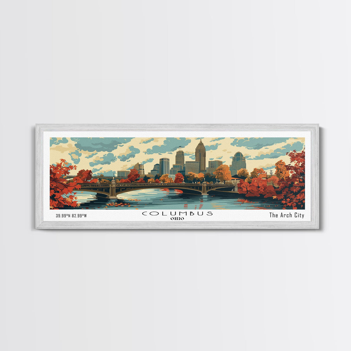 Columbus Ohio Panoramic Wall Art, Mid Century Modern Framed Canvas Print, Retro Pop Art Travel Poster, City Living Room Decor, Office Wall Art