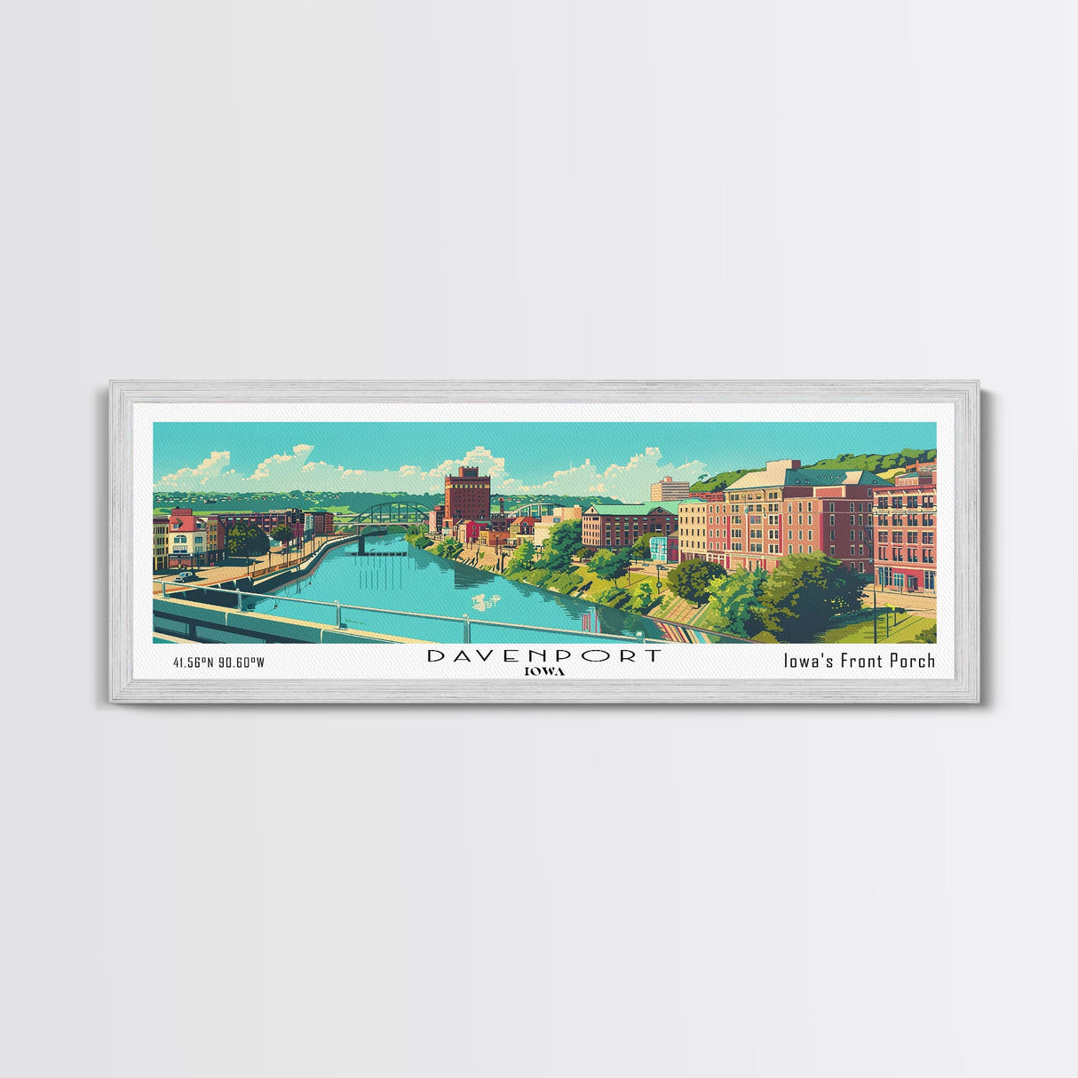 Davenport Iowa Panoramic Wall Art, Mid Century Modern Framed Canvas Print, Retro Pop Art Travel Poster, City Art Gift, Home Decor