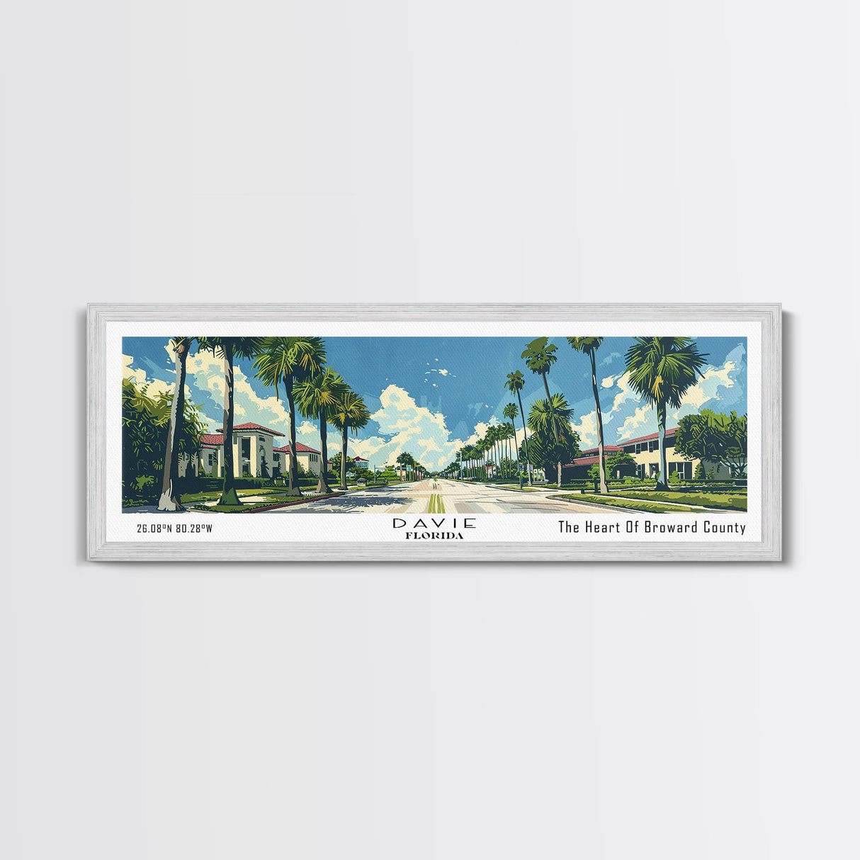 Davie Florida Panoramic Painting, Mid Century Modern Framed Canvas Print, Retro Pop Art Travel Poster, City Wall Art, Home Decor