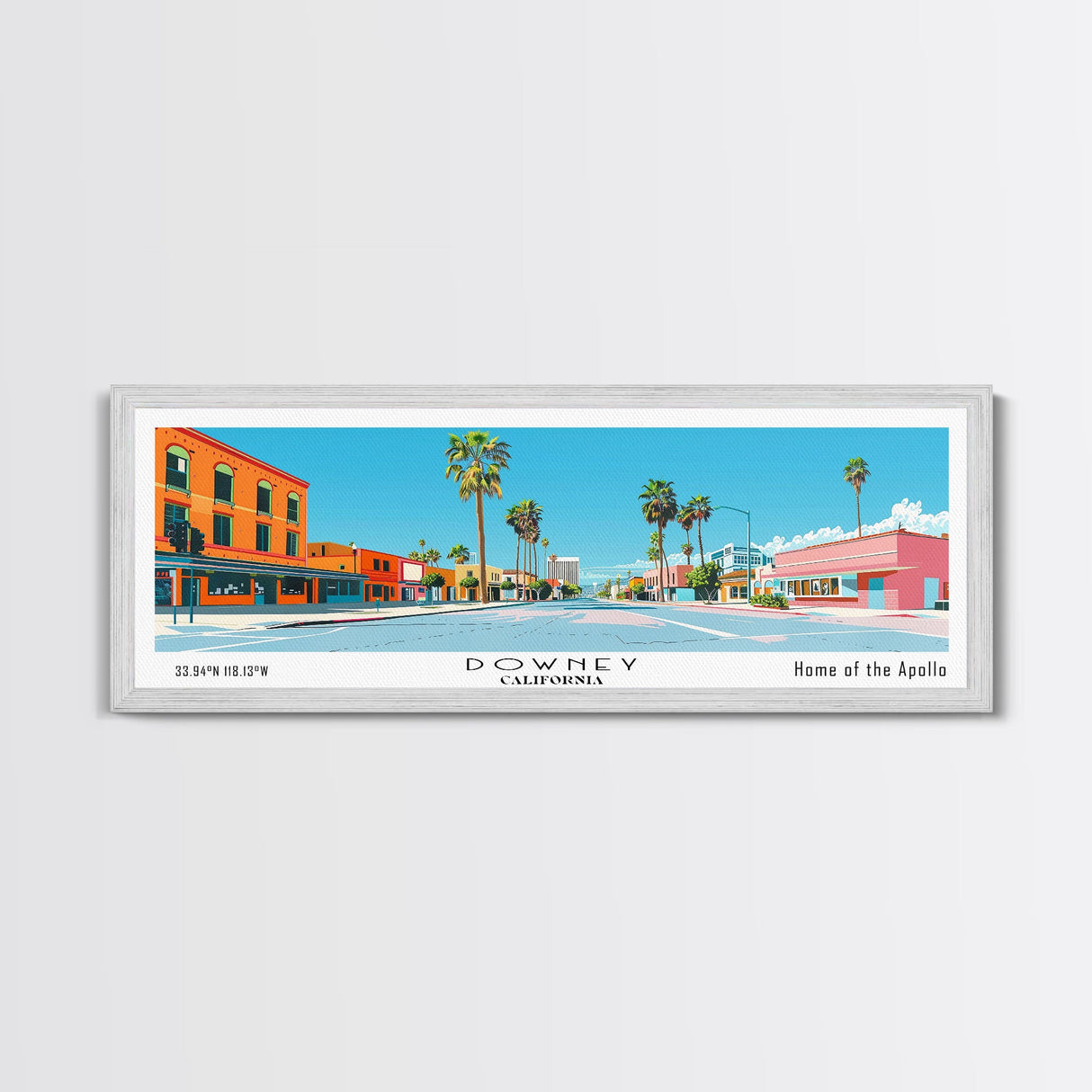 Downey California Panoramic Wall Art, Mid Century Modern Framed Canvas Print, Retro Pop Art Travel Poster, City Living Room Decor, Home Decor