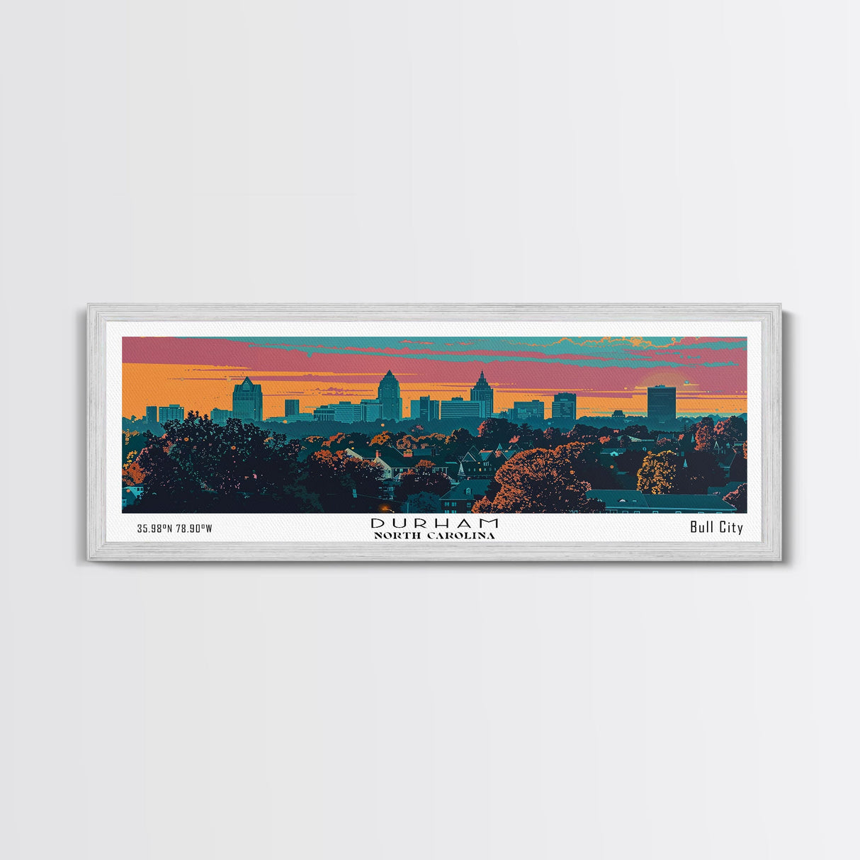 Durham North Carolina Panoramic Painting, Mid Century Modern Framed Canvas Print, Retro Pop Art Travel Poster, City Wall Art, Office Decor