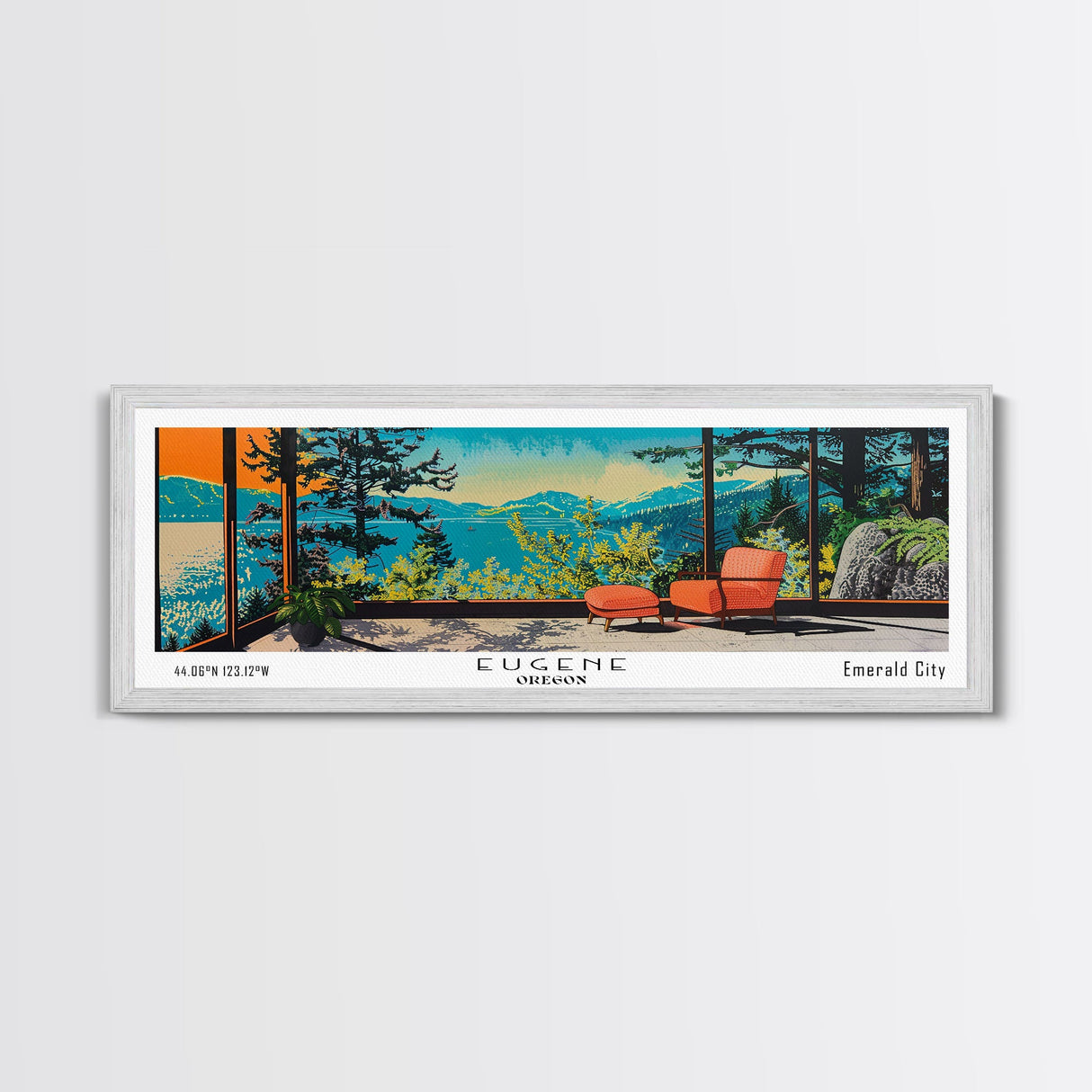 Eugene Oregon Panoramic Art, Mid Century Modern Framed Canvas Print, Retro Pop Art Travel Poster, Office Wall Decor