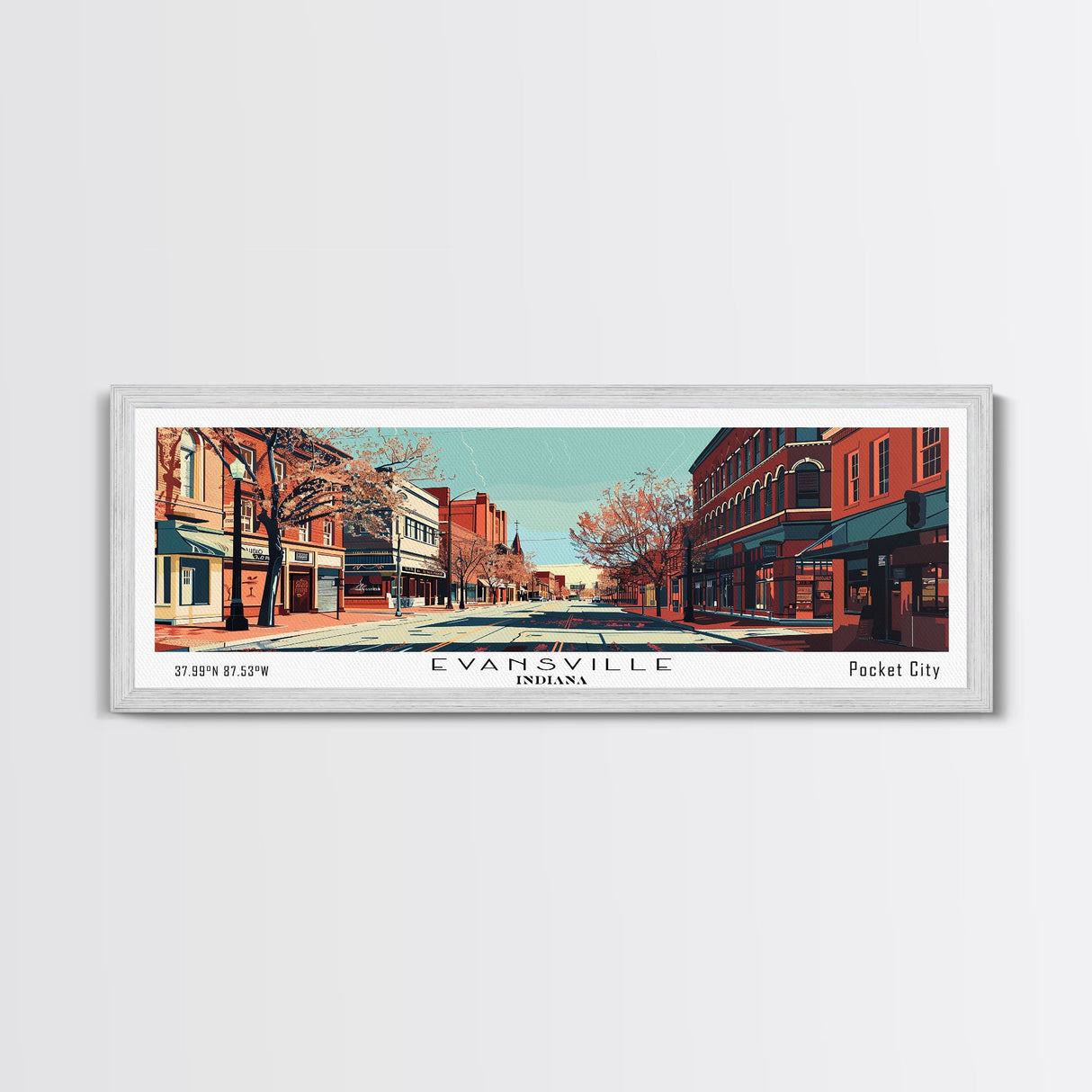 Evansville Indiana Panoramic Painting, Mid Century Modern Framed Canvas Print, Retro Pop Art Travel Poster, Living Room Wall Art