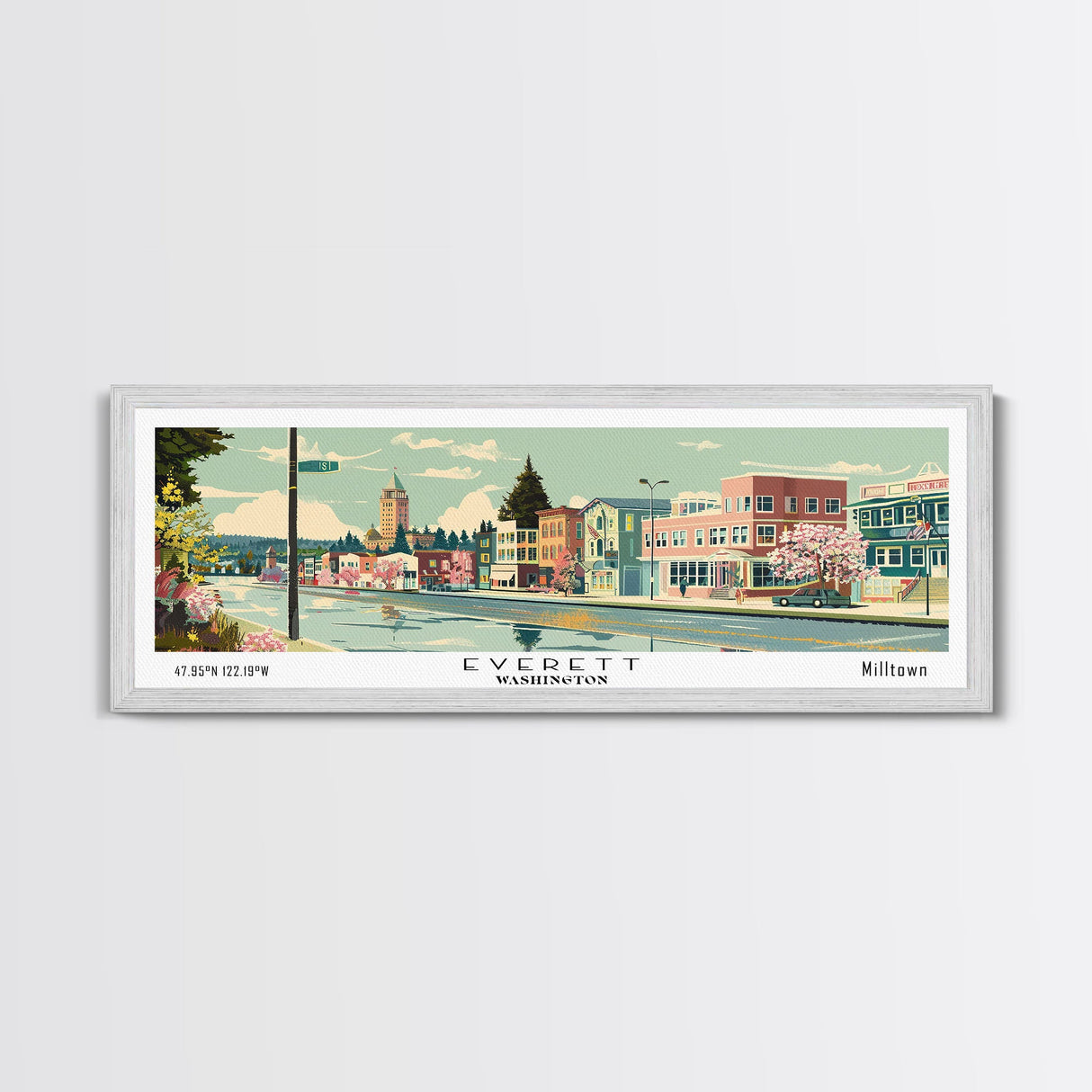 Everett Washington Panoramic Painting, Mid Century Modern Framed Canvas Print, Retro Pop Art Travel Poster, Home Wall Decor