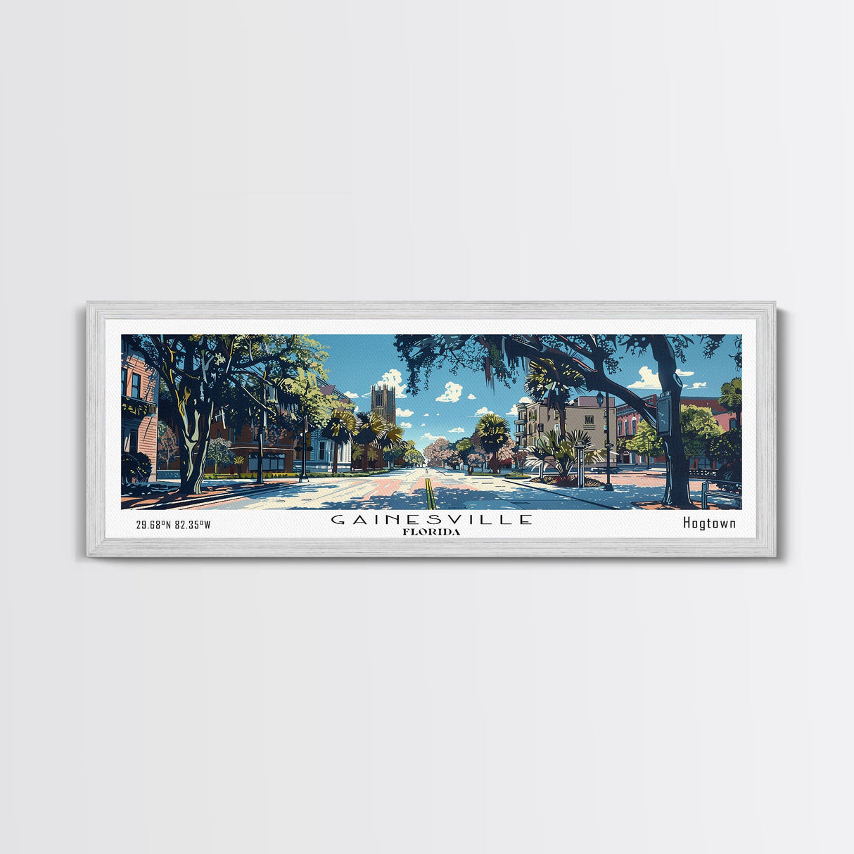 Gainesville Florida Panoramic Painting, Mid Century Modern Framed Canvas Print, Retro Pop Art Travel Poster, Home Wall Decor