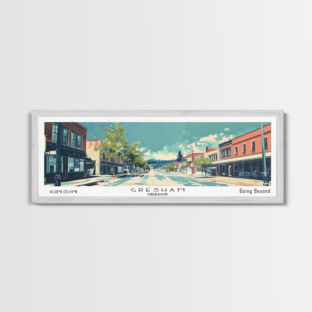 Gresham Oregon Panoramic Art, Mid Century Modern Framed Canvas Print, Retro Pop Art Travel Poster, Office Wall Decor