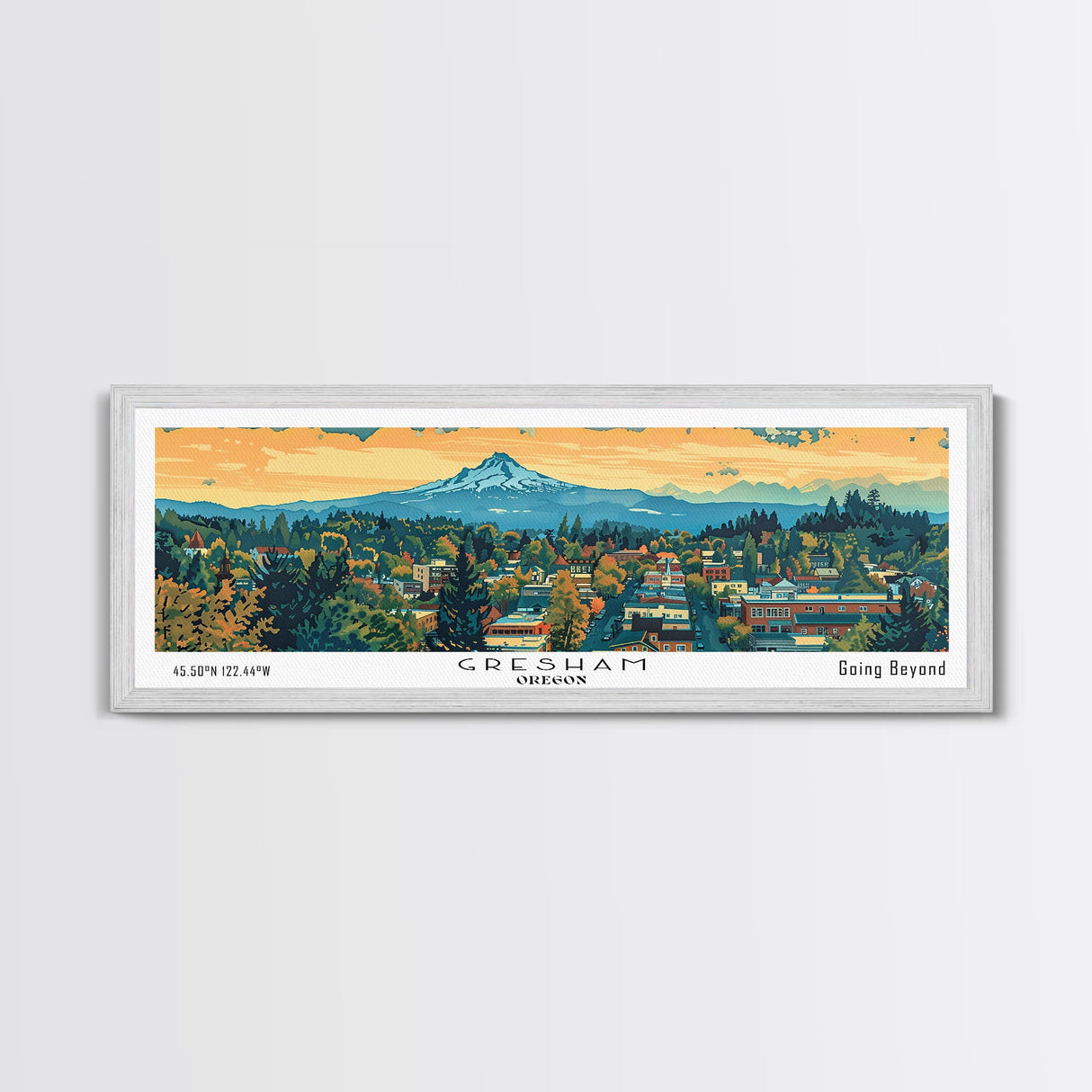 Gresham Oregon Panoramic Art, Mid Century Modern Framed Canvas Print, Retro Pop Art Travel Poster, Office Wall Decor