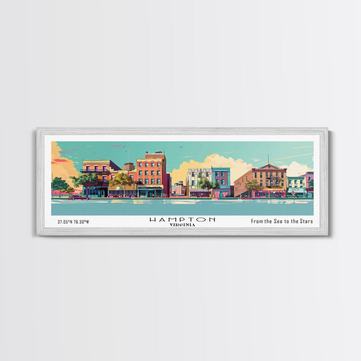 Hampton Virginia Panoramic Painting, Mid Century Modern Framed Canvas Print, Retro Pop Art Travel Poster, Office Wall Decor