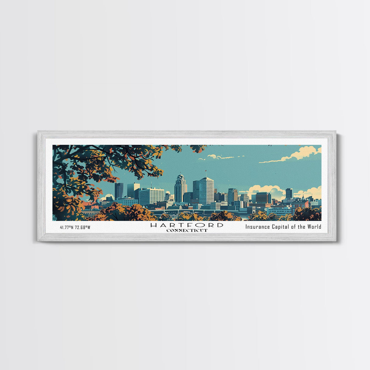 Hartford Connecticut Panoramic Painting, Mid Century Modern Framed Canvas Print, Retro Pop Art Travel Poster, Home Wall Decor