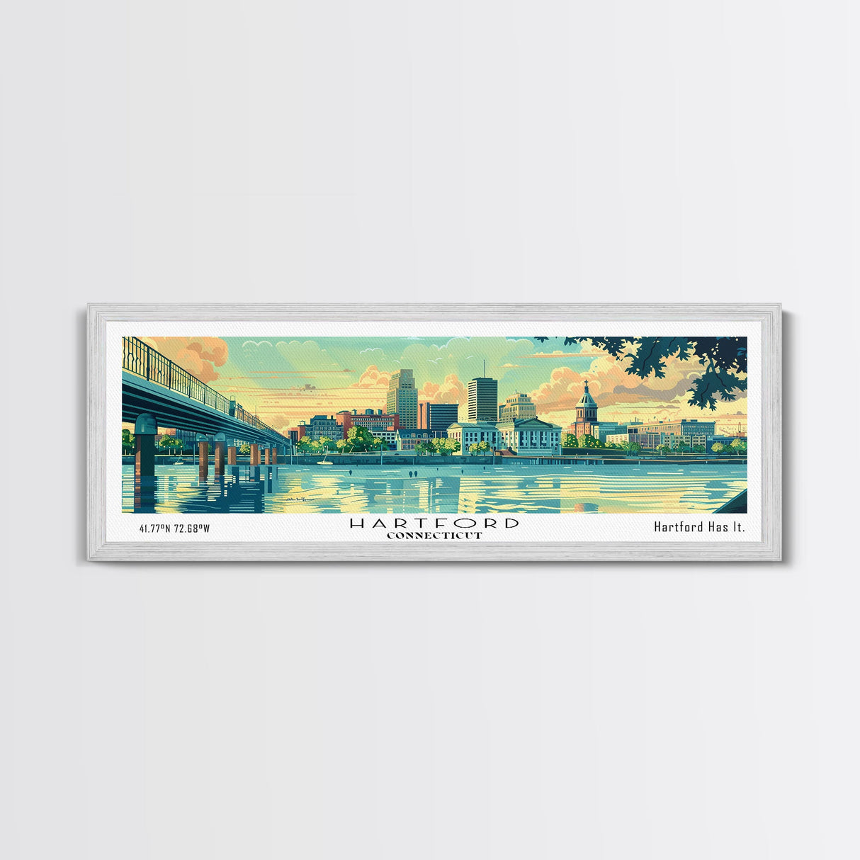 Hartford Connecticut Panoramic Painting, Mid Century Modern Framed Canvas Print, Retro Pop Art Travel Poster, Home Wall Decor