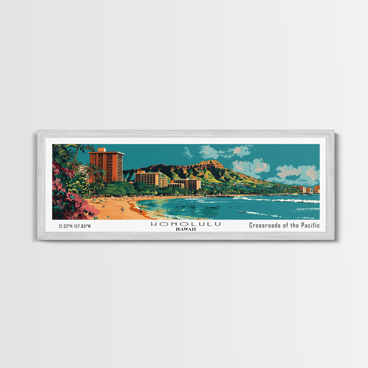 Honolulu Hawaii Panoramic Painting, Mid Century Modern Framed Canvas Print, Retro Pop Art Travel Poster, Home Wall Decor