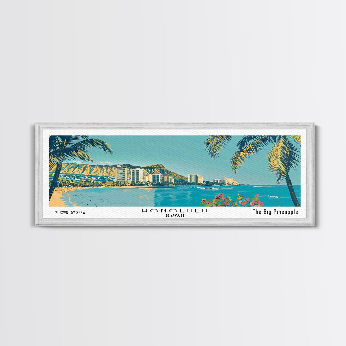 Honolulu Hawaii Panoramic Painting, Mid Century Modern Framed Canvas Print, Retro Pop Art Travel Poster, Home Wall Decor