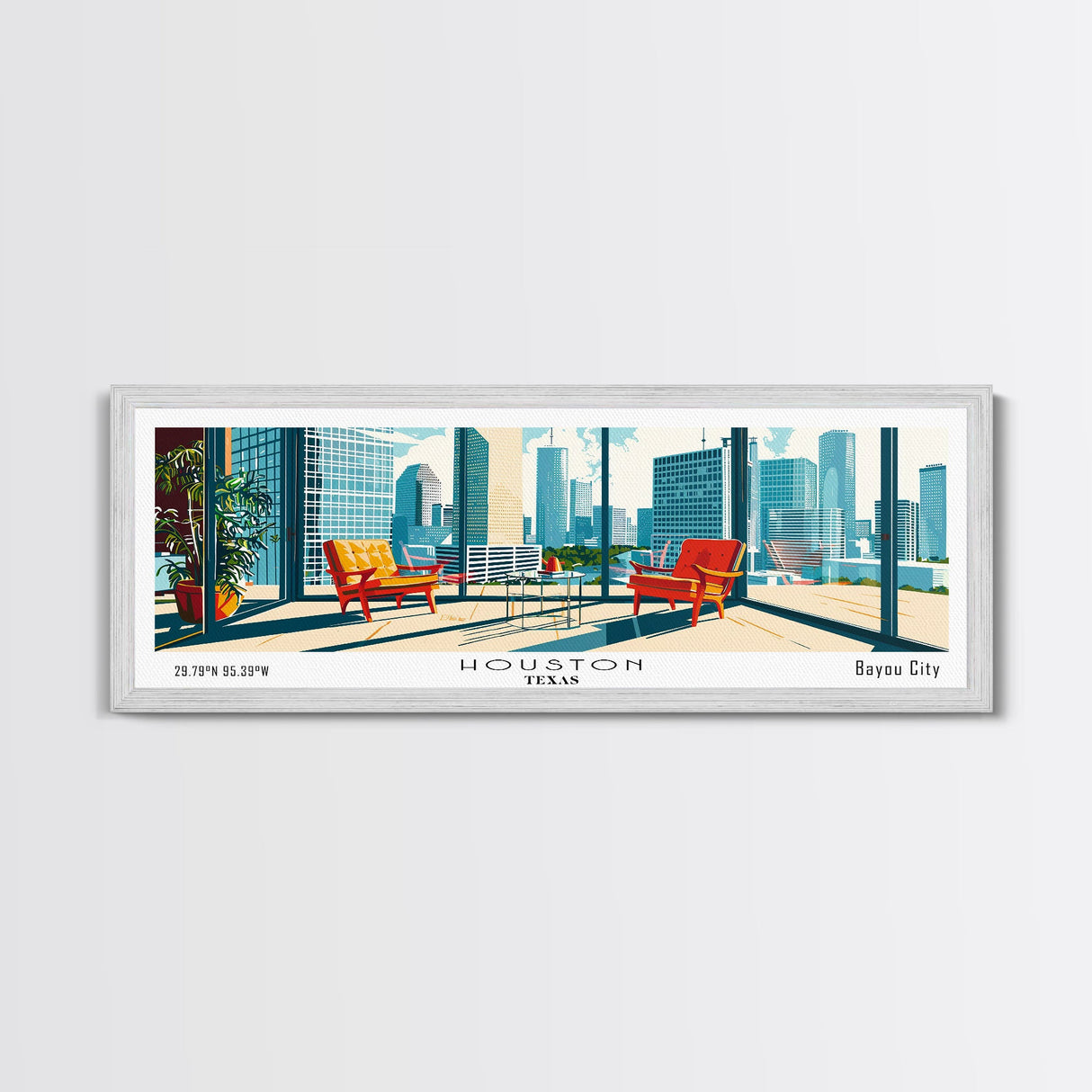 Houston Texas Panoramic Painting, Mid Century Modern Framed Canvas Print, Retro Pop Art Travel Poster, Office Wall Art