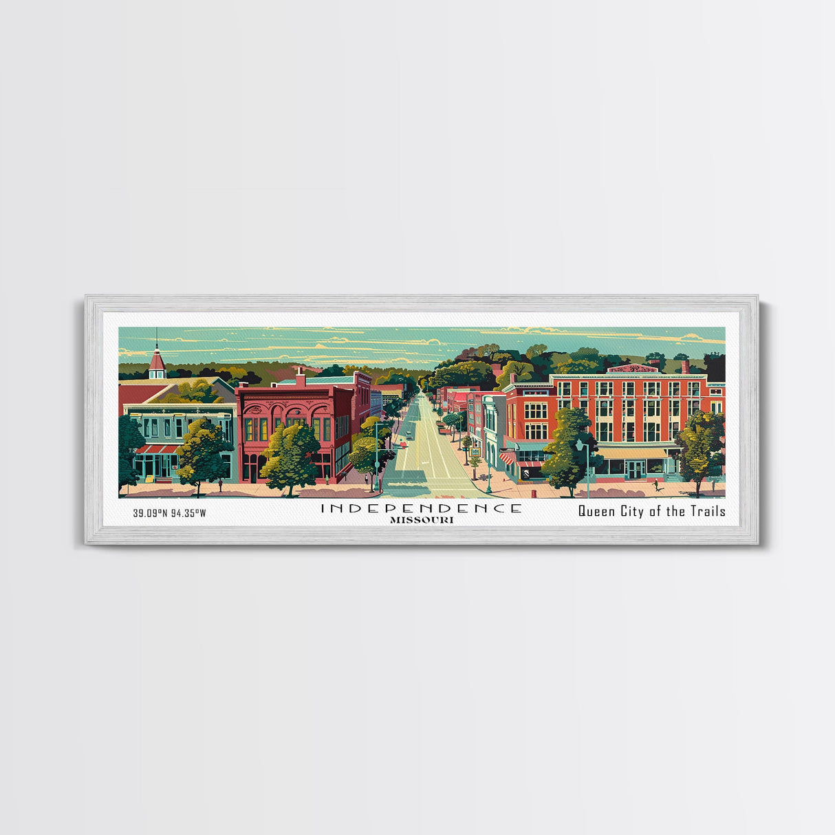 Independence Missouri Panoramic Painting, Mid Century Modern Framed Canvas Print, Retro Pop Art Travel Poster, Home Decor