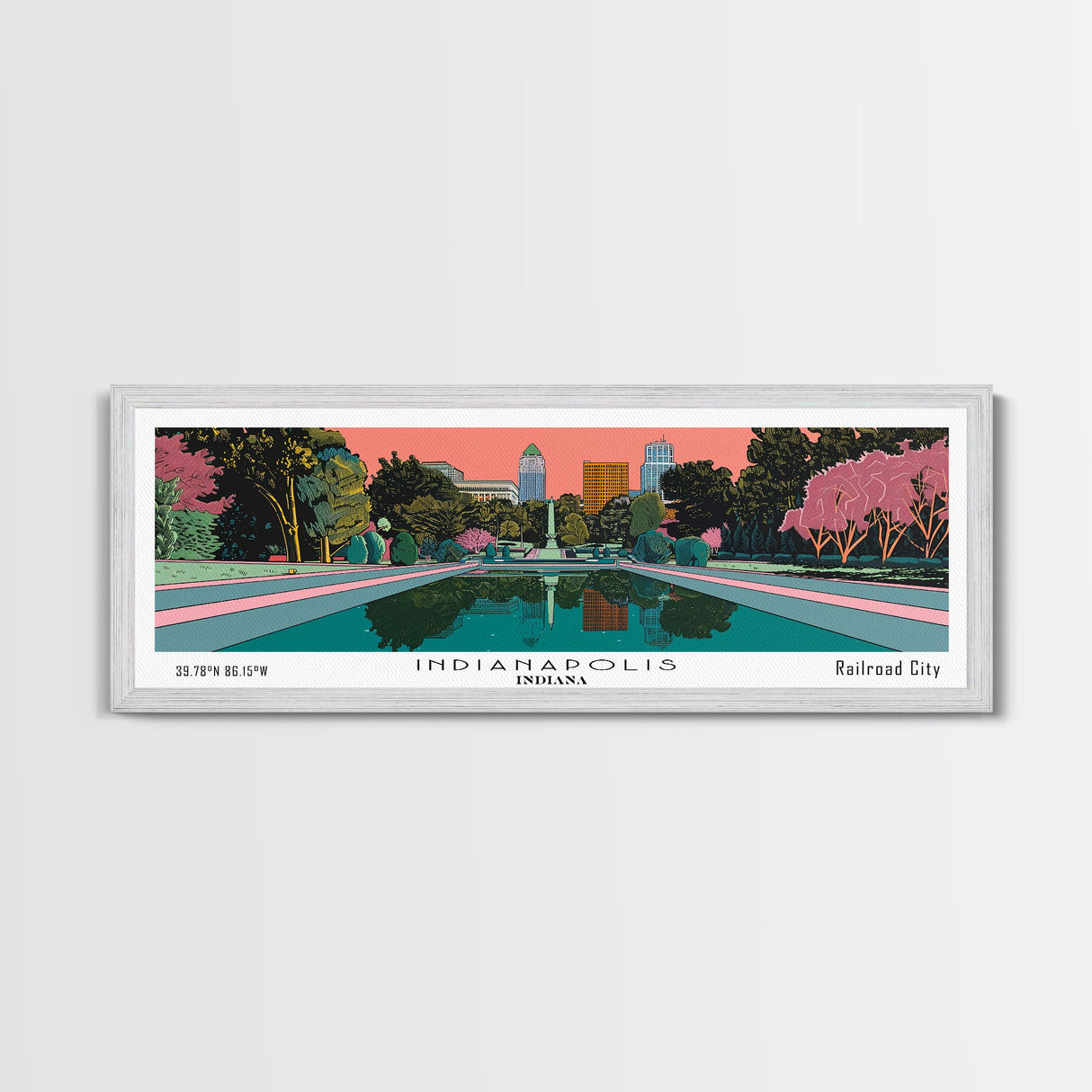 Indianapolis Indiana Panoramic Painting, Mid Century Modern Framed Canvas Print, Retro Pop Art Travel Poster, Office Decor