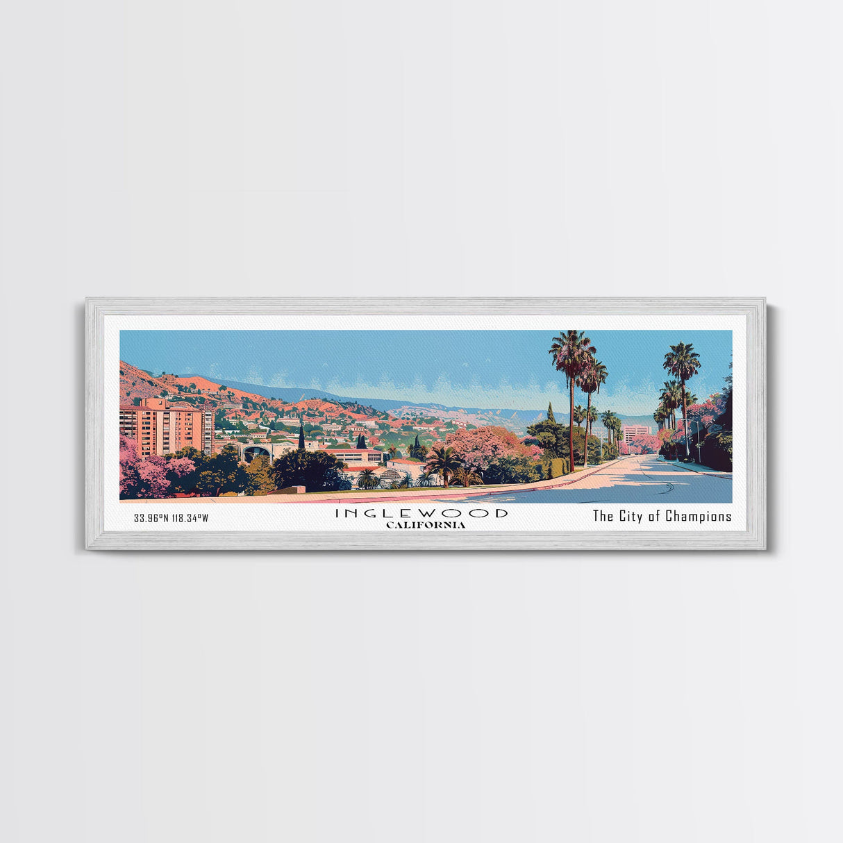 Inglewood California Panoramic Wall Art, Mid Century Modern Framed Canvas Print, Retro Pop Art Travel Poster, Home Wall Art