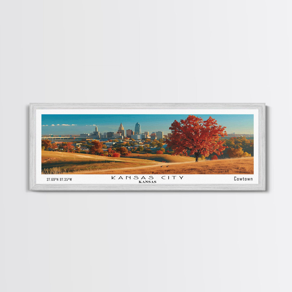 Kansas City Kansas Panoramic Wall Art, Mid Century Modern Framed Canvas Print, Retro Pop Art Travel Poster, Office Wall Art