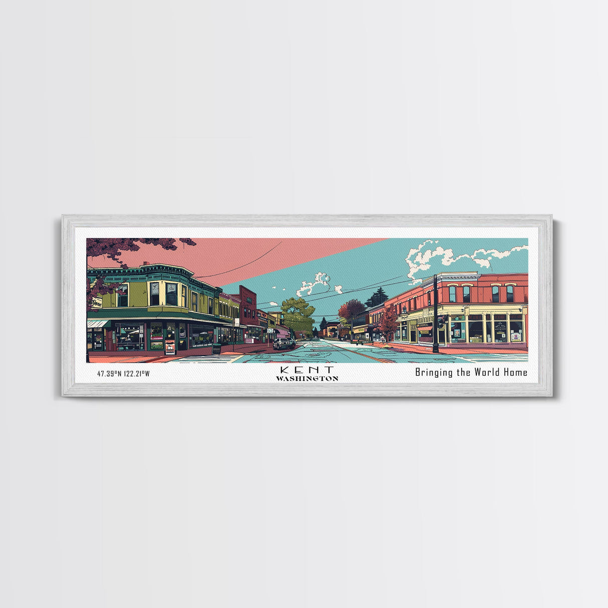 Kent Washington Panoramic Wall Art, Mid Century Modern Framed Canvas Print, Retro Pop Art Travel Poster, Home Wall Art