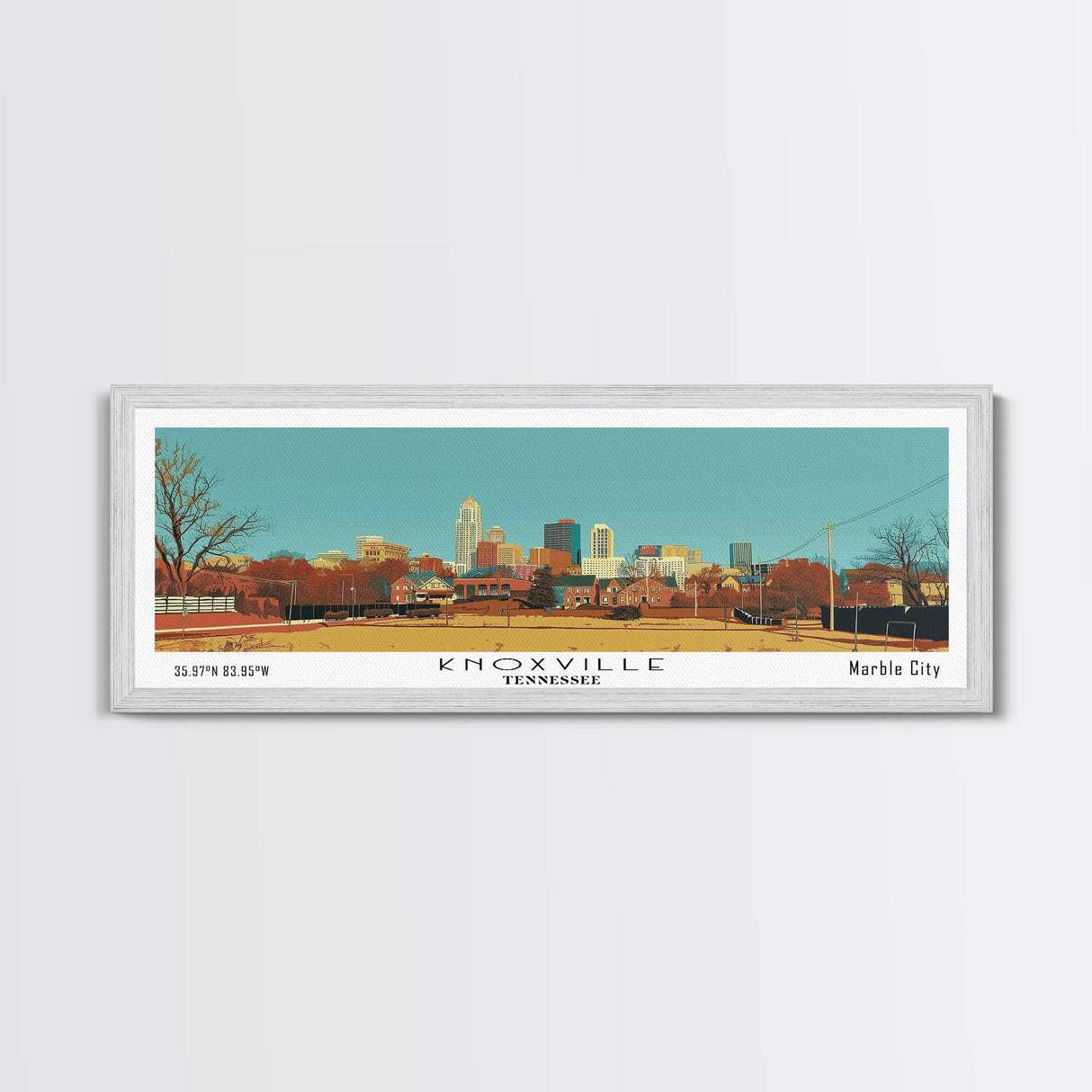 Knoxville Tennessee Panoramic Wall Art, Mid Century Modern Framed Canvas Print, Retro Pop Art Travel Poster, Living Room Art